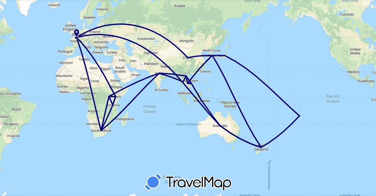 TravelMap itinerary: driving in Australia, China, France, Indonesia, India, Japan, Kenya, Cambodia, South Korea, Laos, New Zealand, Thailand, Tanzania, Uganda, Vietnam, South Africa (Africa, Asia, Europe, Oceania)